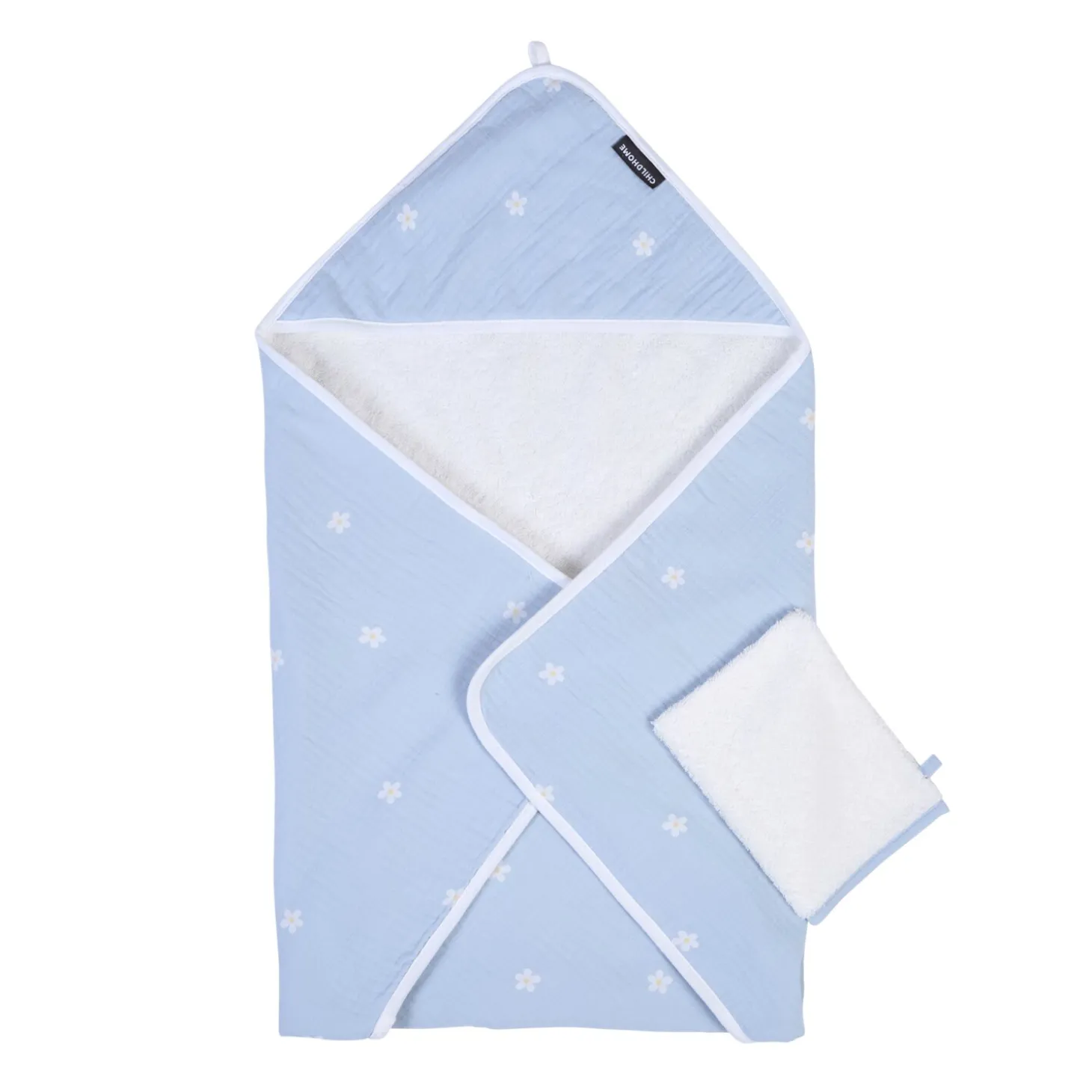 Cape De Bain + Gant - 80x80 Cm - Mousseline Fleur - Bleue
