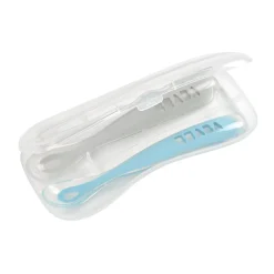 Lot 2 cuillères 1er âge silicone avec boite de transport Bleu/Gris