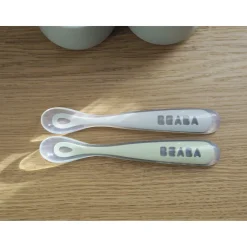 Lot 2 cuillères 1er âge silicone avec boite de transport Vert sauge/Gris velours