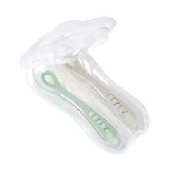 Lot 2 cuillères 2ème âge silicone avec boite de transport Vert sauge/Gris velours